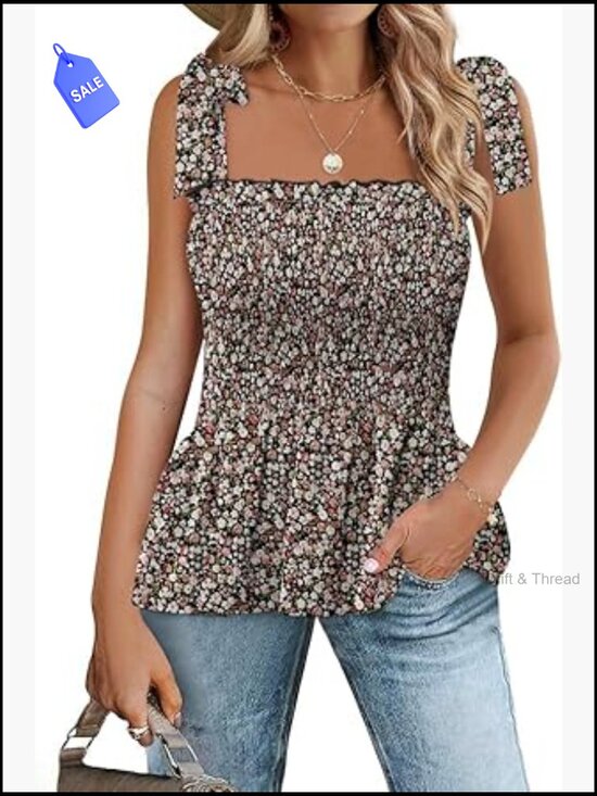 Tops - Women's Sleeveless Ruffle Tank Top Square Neck Tie Shoulder Blouse